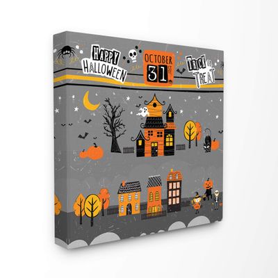 The Stupell Home Dcor Collection Black Orange and Grey October 31st Trick Or Treat Houses Night Scene Stretched Canvas Wall Art, 24 x 24, Multi-Color