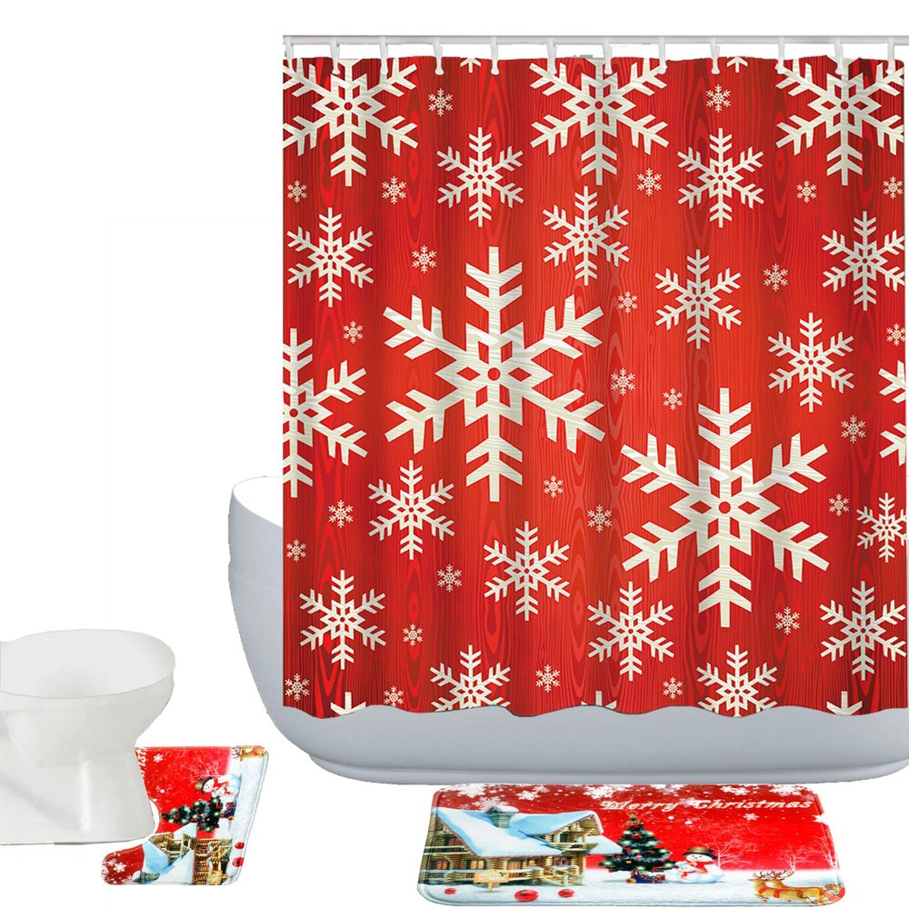 Amagical Merry Christmas Red Snowman Pattern 3 Piece Bathroom Mat Set Shower Curtain Set Bath Mat Contour Mat Fabric Waterproof Shower Curtian 12 Hooks