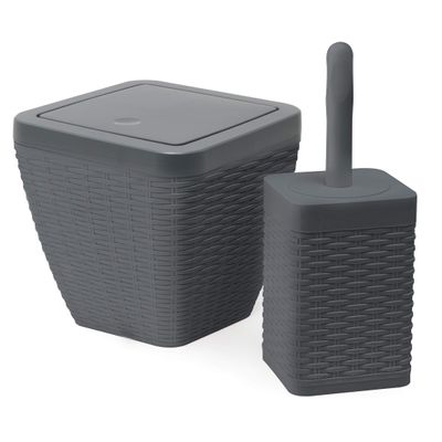 Addis 517487 Faux Rattan Square Bathroom Set Includes Swing Bin and Toilet Brush, Charcoal Grey, Bin & Toilet