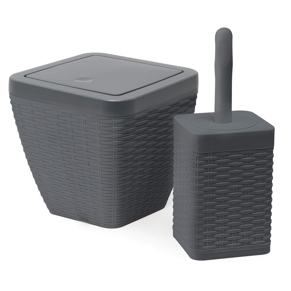 Addis 517487 Faux Rattan Square Bathroom Set Includes Swing Bin and Toilet Brush, Charcoal Grey, Bin & Toilet