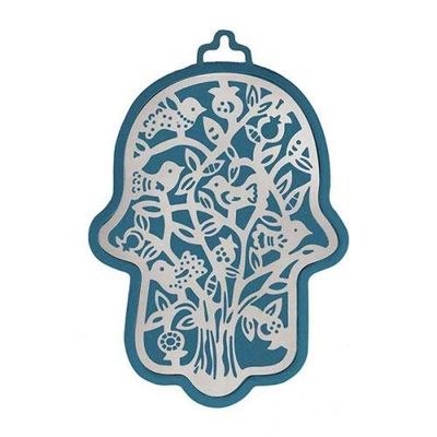 Anodized Aluminum Hamsa with Tree Cutout - Blue