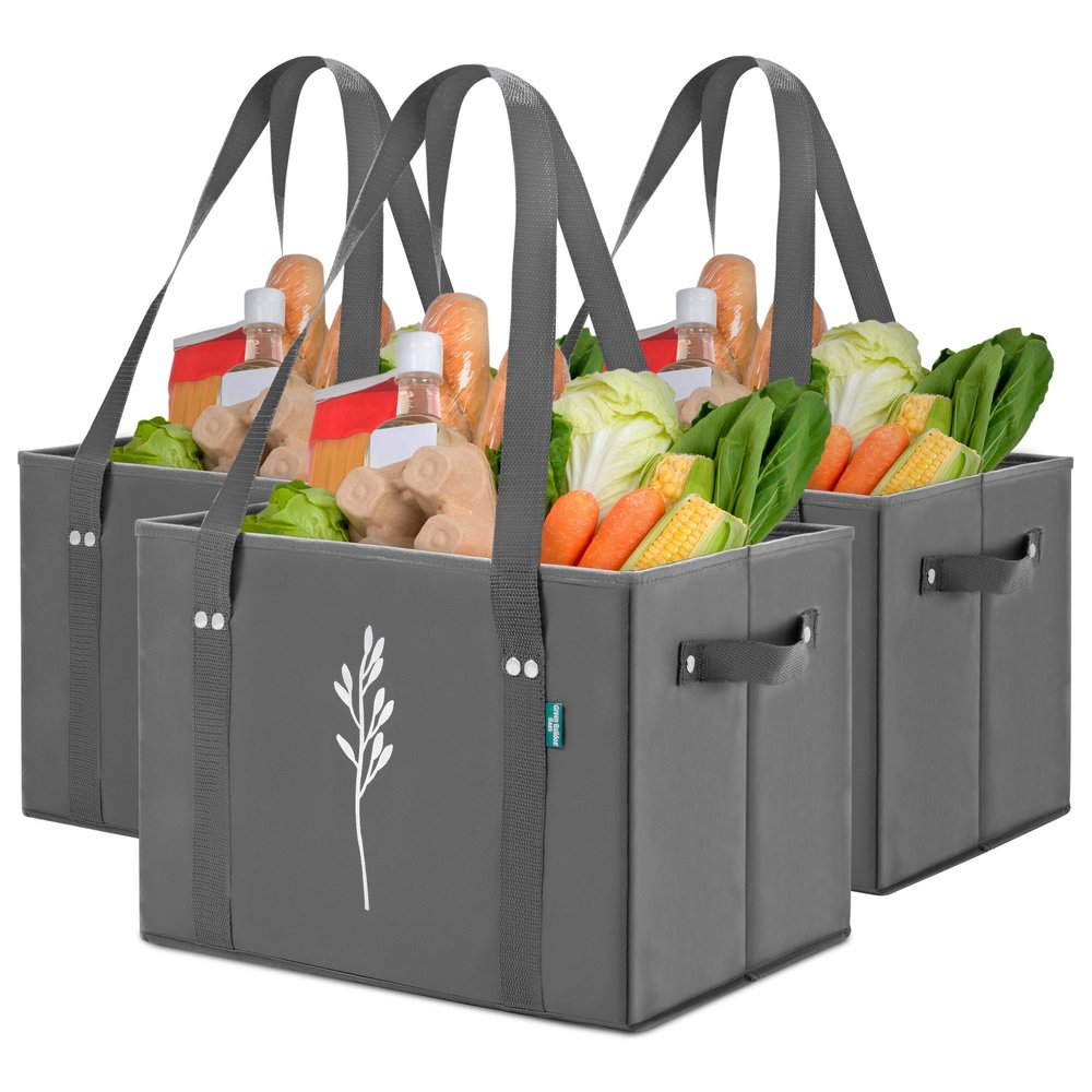 Green Bulldog Reusable Grocery Bags - Heavy Duty Reusable Shopping Tote Bags W/Long Handles, Foldable & Collapsible, Holds Up to 65 lbs - for Kitchen, Picnic 3 Pack