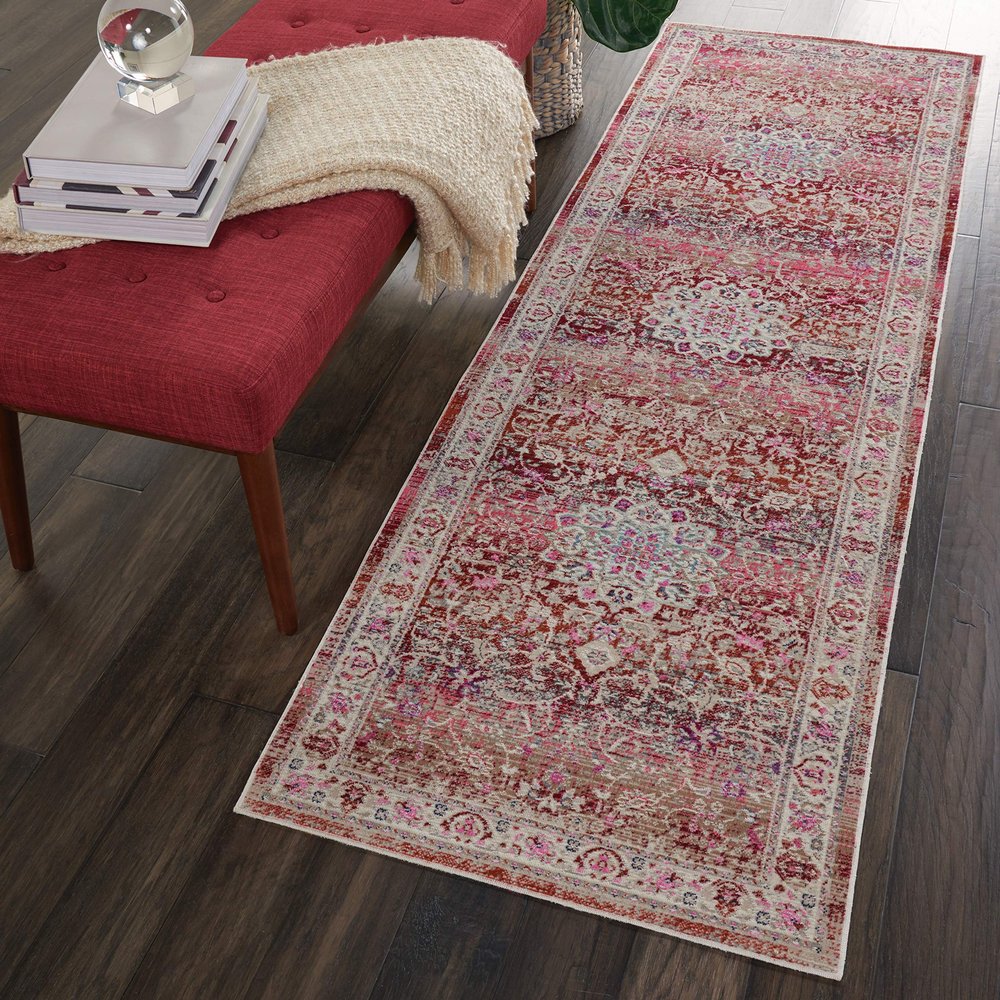 Nourison Home Vintage Kashan Vintage Red 2'4" x 8' Area Rug, Easy Cleaning, Non Shedding, Bed Room, Living Room, Dining Room, Kitchen (2x8)