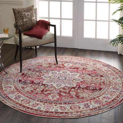 Nourison Home Vintage Kashan Vintage Red 4' x Round Area Rug, Easy Cleaning, Non Shedding, Bed Room, Living Room, Dining Room, Kitchen (4 Round)