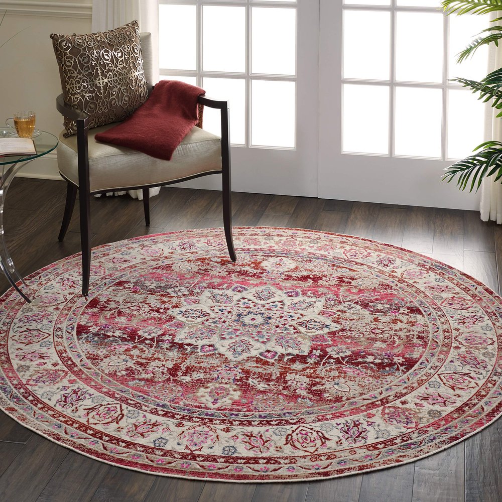 Nourison Home Vintage Kashan Vintage Red 4' x Round Area Rug, Easy Cleaning, Non Shedding, Bed Room, Living Room, Dining Room, Kitchen (4 Round)