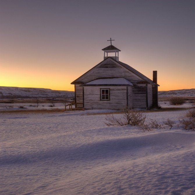 Posterazzi Drumheller Alberta Canada Exterior Of Small Chapel In Winter Sunset Poster Print, (22 x 34)