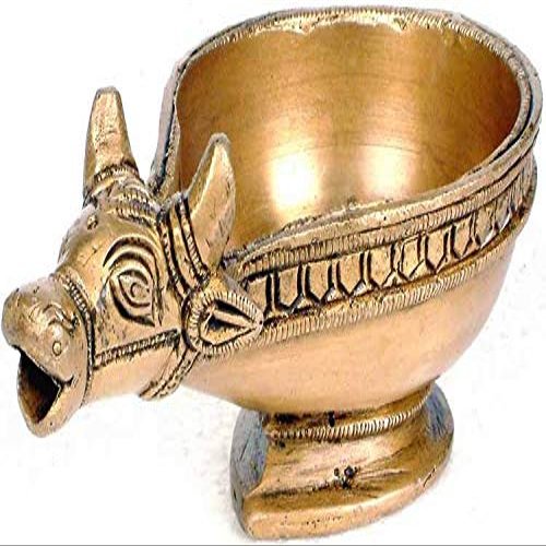 Exotic India Nandi Oil Lamp (Diya) - Brass Statue - Color Natural Brass Color