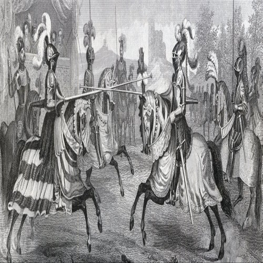 Posterazzi Two Mounted Knights In Full Armour Jousting In A Medieval Tournament. From A 19Th Century Engraving. Poster Print, (24 x 9)