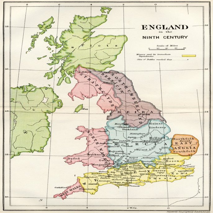 Posterazzi Map Of England In The Ninth Century From A Short History Of The English People By John Richard Green Published Poster Print by by Macmillan And Co 1911, (24 x 34)