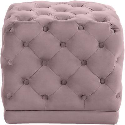 Meridian Furniture Stella Collection Modern | Contemporary Velvet Upholstered Ottoman / Stool with Deep Button Tufting and Solid Wood Frame, Pink, 18" W x 18" D x 17" H