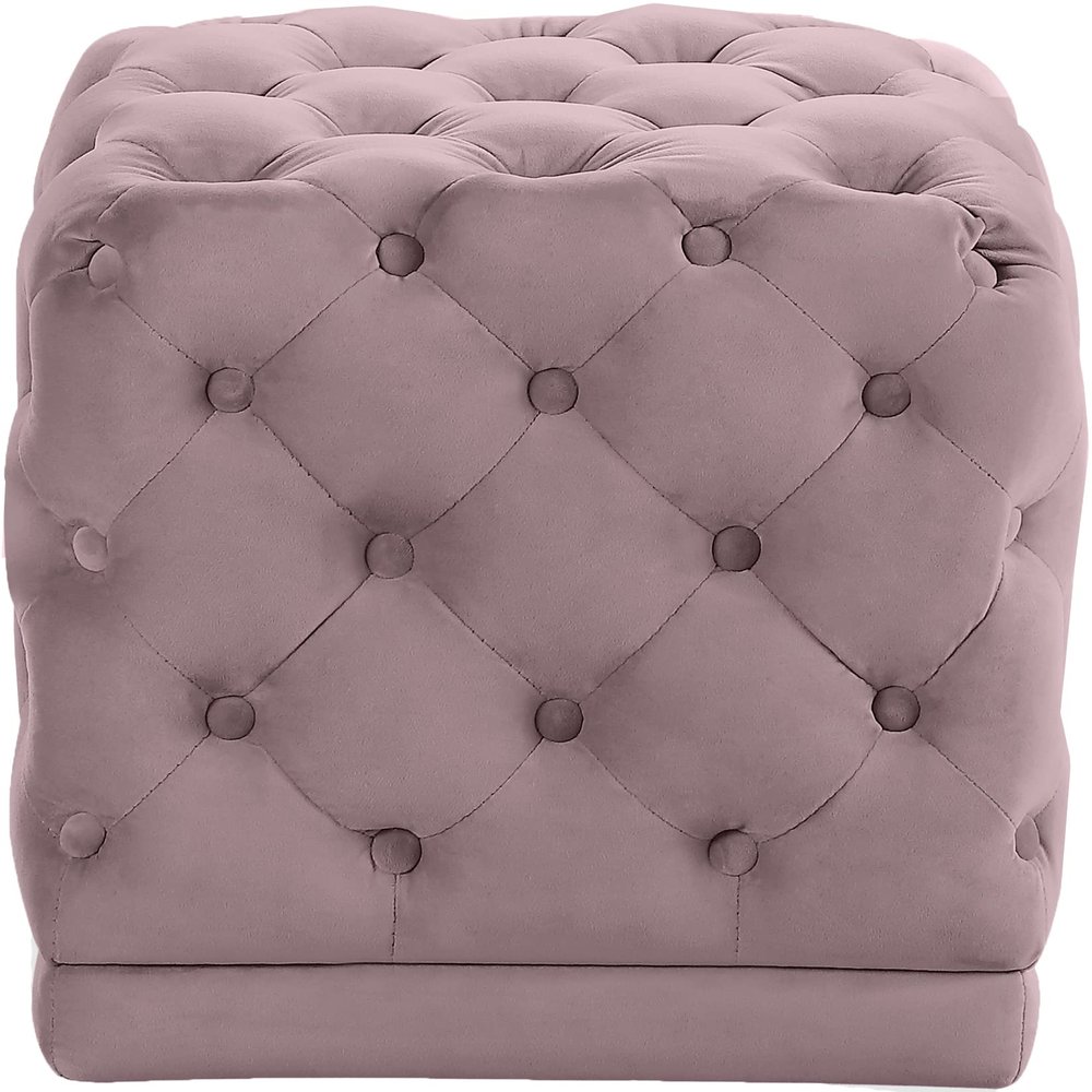 Meridian Furniture Stella Collection Modern | Contemporary Velvet Upholstered Ottoman / Stool with Deep Button Tufting and Solid Wood Frame, Pink, 18" W x 18" D x 17" H