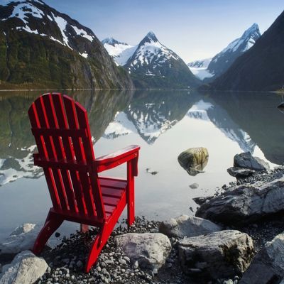Posterazzi Red Adirondack Chair At Portage Lake With Chugach Mountains In The Background Southcentral Alaska Poster Print, (19 x 12)