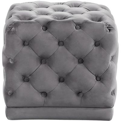 Meridian Furniture Stella Collection Modern | Contemporary Velvet Upholstered Ottoman / Stool with Deep Button Tufting and Solid Wood Frame, Grey, 18" W x 18" D x 17" H