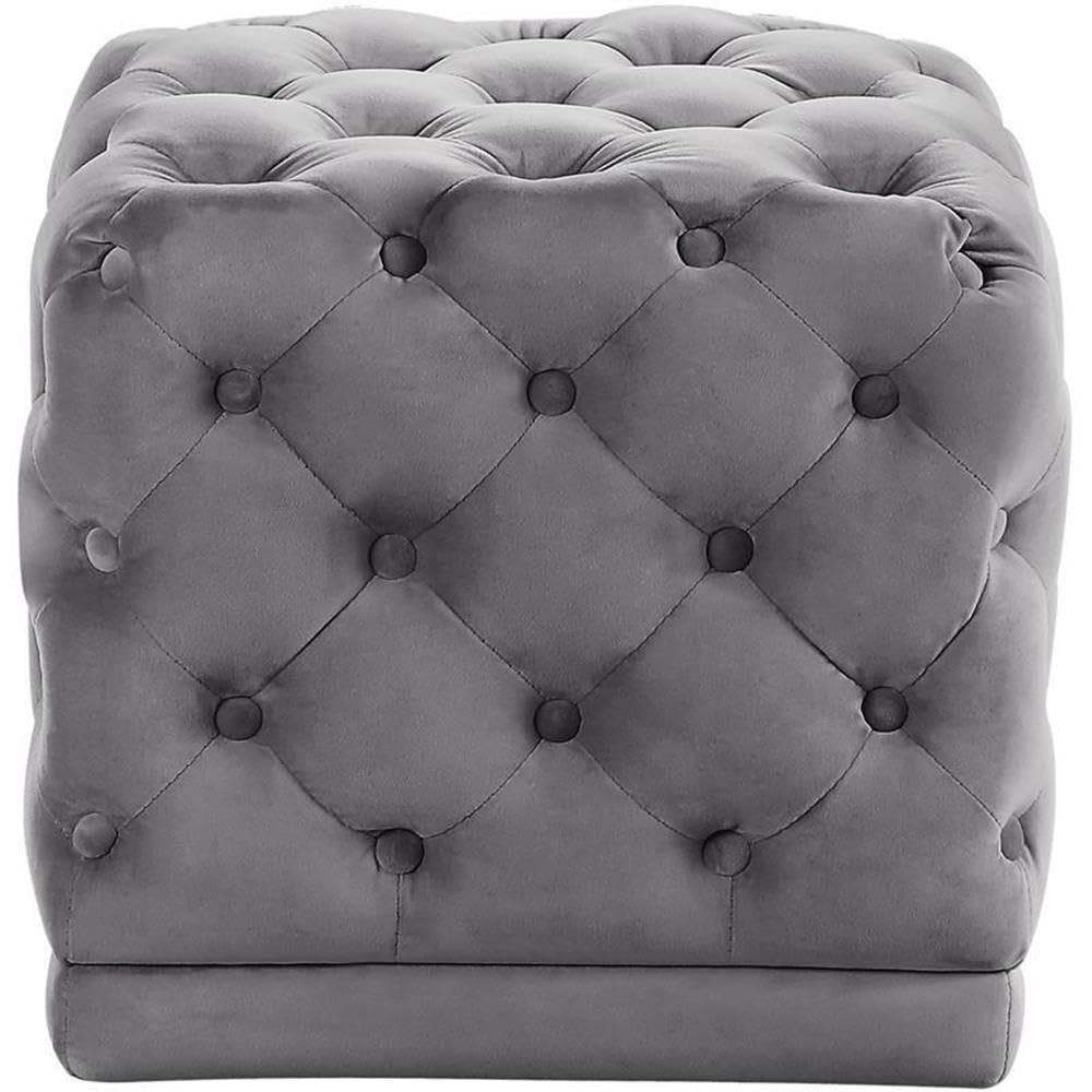 Meridian Furniture Stella Collection Modern | Contemporary Velvet Upholstered Ottoman / Stool with Deep Button Tufting and Solid Wood Frame, Grey, 18" W x 18" D x 17" H