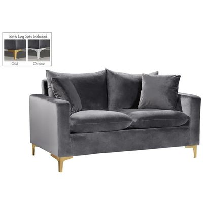 Meridian Furniture Naomi Collection Modern | Contemporary Grey Velvet Upholstered Loveseat with Stainless Steel Base in a Rich Gold or Chrome Finish, 633Grey-L