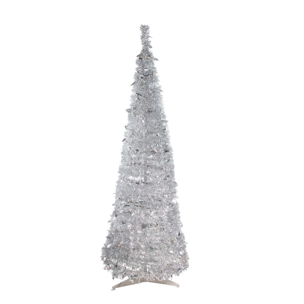 Pre-Lit Tinsel Pop-Up Artificial Christmas Tree - 6' - Silver - Clear Lights
