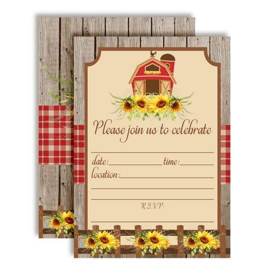 Rustic Barn With Sunflowers Fall & Autumn Party Invitations, 20 5x7 Fill In Cards with Twenty White Envelopes by AmandaCreation