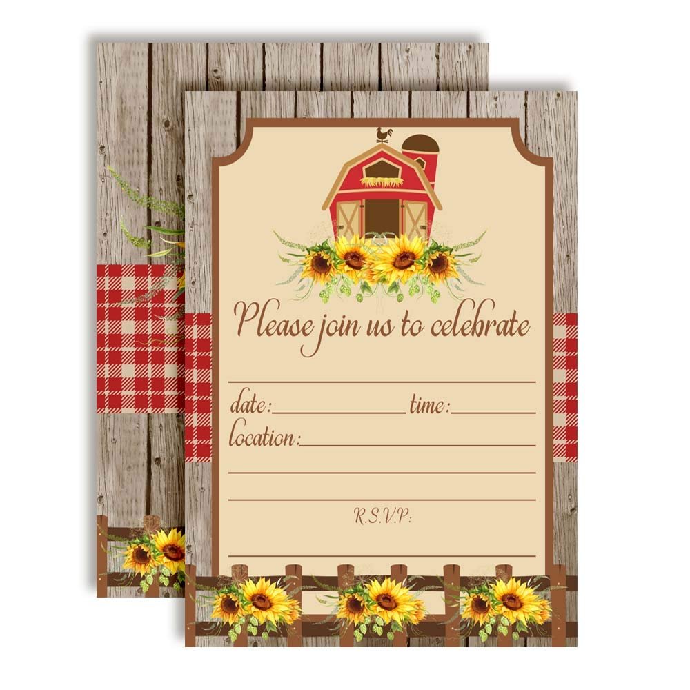 Rustic Barn With Sunflowers Fall & Autumn Party Invitations, 20 5x7 Fill In Cards with Twenty White Envelopes by AmandaCreation