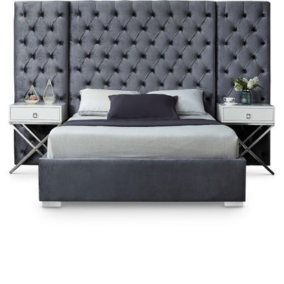 Meridian Furniture Grande Collection Modern | Contemporary Velvet Upholstered Bed with Luxurious Deep Button Tufting and Stainless Steel Legs in Polished Chrome Finish, Grey, King
