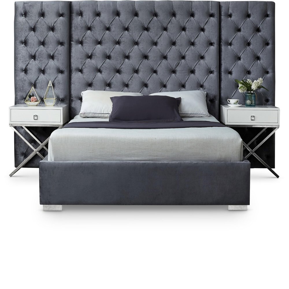 Meridian Furniture Grande Collection Modern | Contemporary Velvet Upholstered Bed with Luxurious Deep Button Tufting and Stainless Steel Legs in Polished Chrome Finish, Grey, King