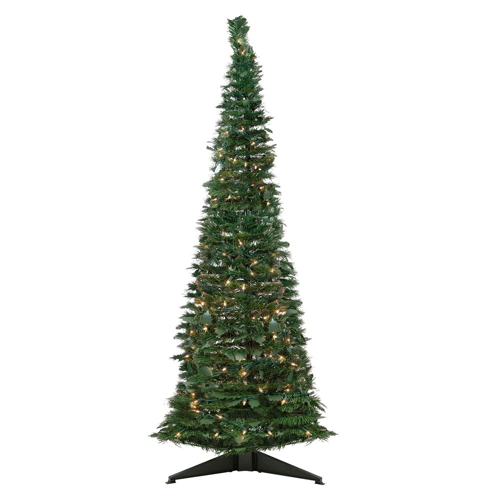 Pre-Lit Holly Leaf Pop-Up Artificial Christmas Tree - 6' - Green - Clear Lights