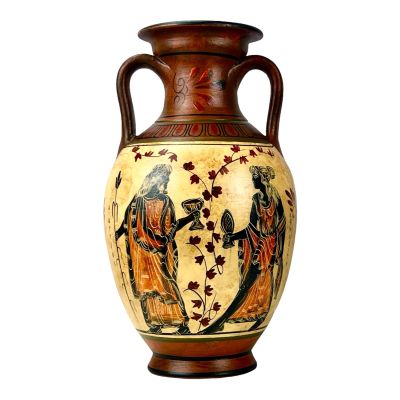 Ancient Greek Vase Amphora Goddess Athena & Aphrodite & God Dionysus 10.24'' Handmade Ceramic Red & Orange Round Vase