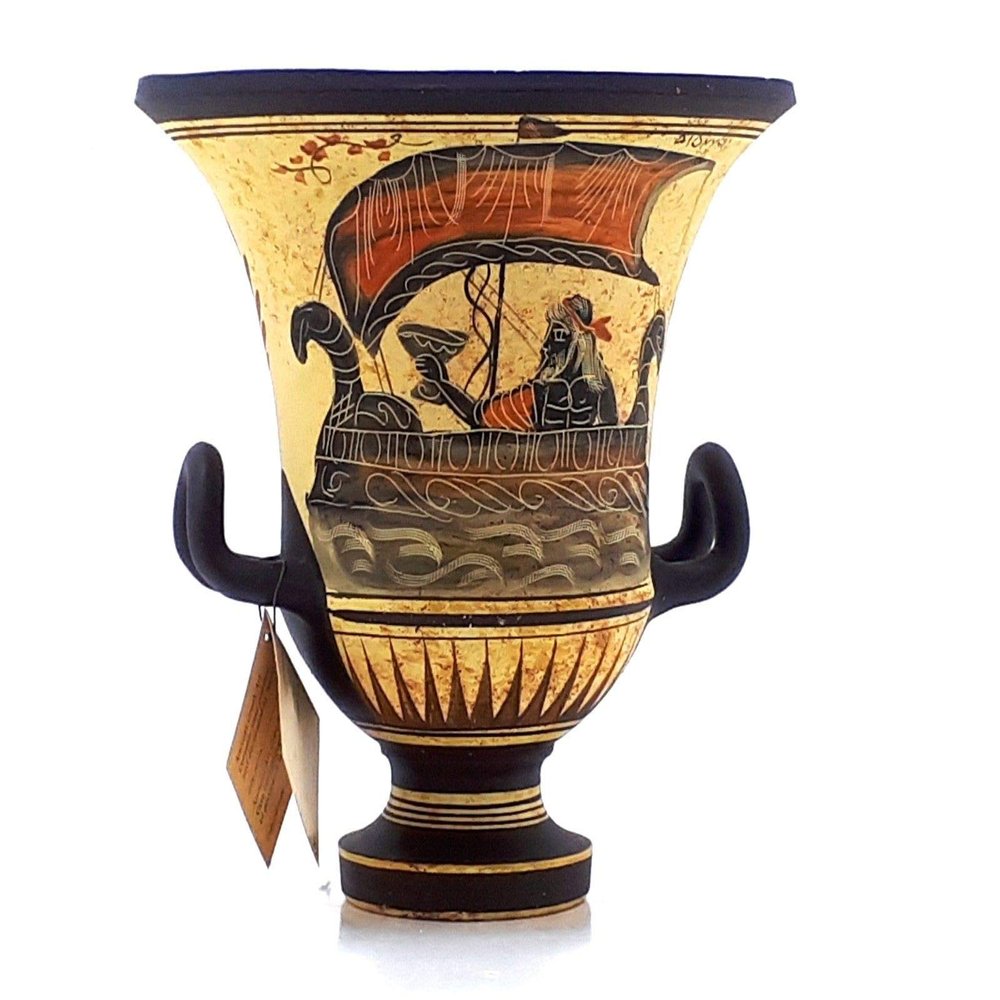 Ancient Greek Vase Krater Pottery Goddess Aphrodite & God Dionysus 6.9'' Black, Red