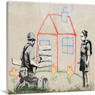ARTCANVAS Crayon House Foreclosure Canvas Art Print Stretched Framed Painting Picture Poster Giclee Wall Decor by Banksy - 40" x 26" (0.75" Deep)