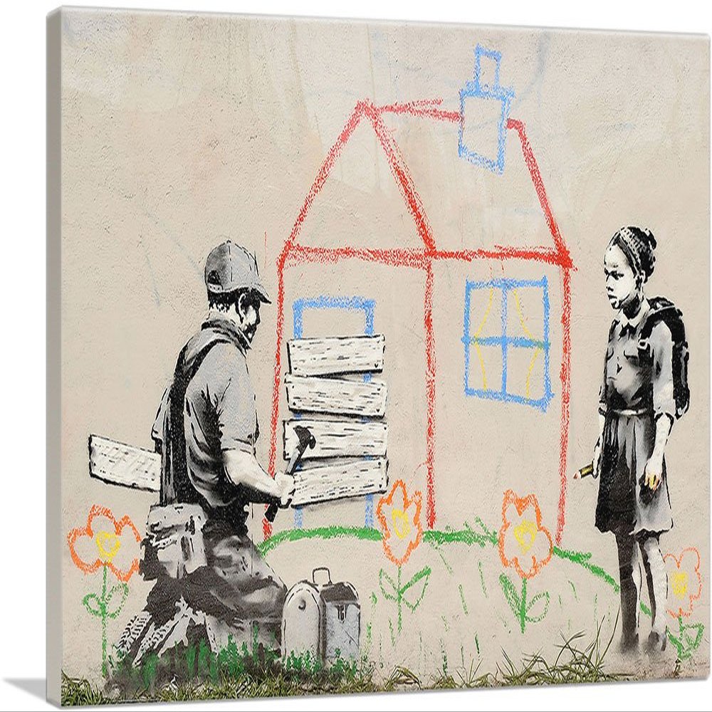 ARTCANVAS Crayon House Foreclosure Canvas Art Print Stretched Framed Painting Picture Poster Giclee Wall Decor by Banksy - 40" x 26" (0.75" Deep)