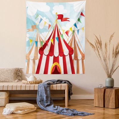Ambesonne Circus Tapestry Twin Size, Circus Stripes Sunshines Through Cloudy Sky Traditional Performing Arts Theme, Wall Hanging Bedspread Bed Cover Wall Decor, 68" X 88", Blue White Red