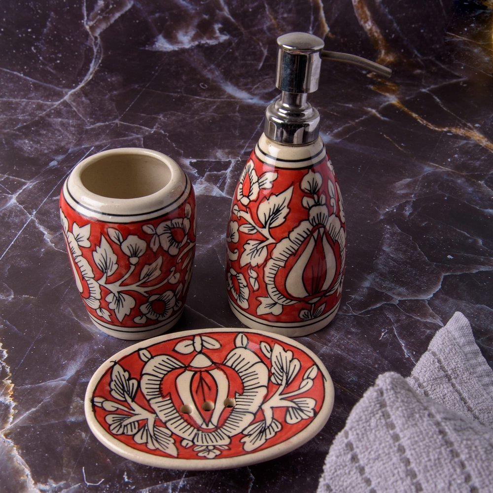 India Meets India Handicraft Ceramic Bathroom Accessories Set-Soap Dish, Liquid Dispenser, Toothbrush Holder Set, Best Gifting, Made by Awarded- Indian Artisan