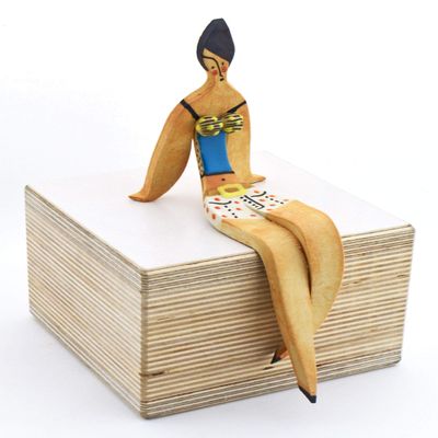 Small Sitting Woman Decorative Ceramic Sculpture Handmade and Handpainted with Multicolored Foc-Art Decoration. 3,94" x 2,36" x 6,69"