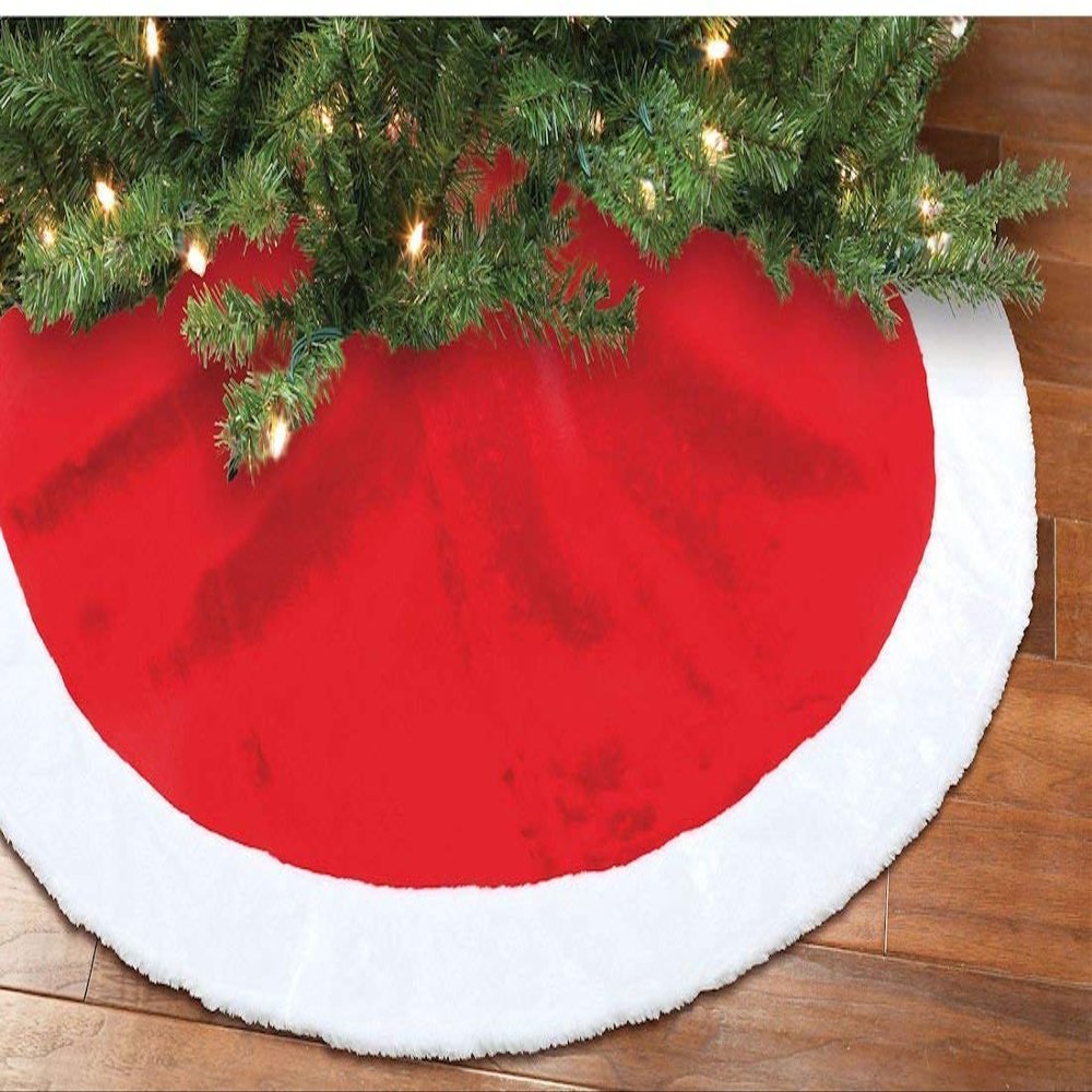 48" Fuzzy Thick Plush Red Christmas Tree Skirt with White Trim