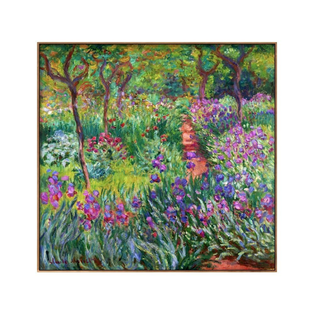 INVIN ART Framed Canvas Giclee Print Art The Iris Garden at Giverny,1899-1900 by Claude Monet Wall Art Living Room Home Office Decorations(Wood Color Slim Frame,24"x24")