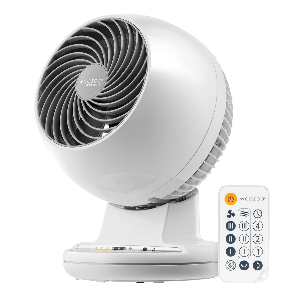 IRIS USA WOOZOO Desk Fan with Remote, Oscillating Table Air Circulator, 3 Speeds, 74ft Max Air Distance, Adjustable Tilt, Quiet Motor, Small Fan for Bedroom, Office, Dorm, White