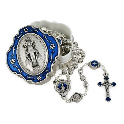 Catholic Rosary Beads with Metal Keepsake Gift Box Set (Miraculous Medal Cube Beads)