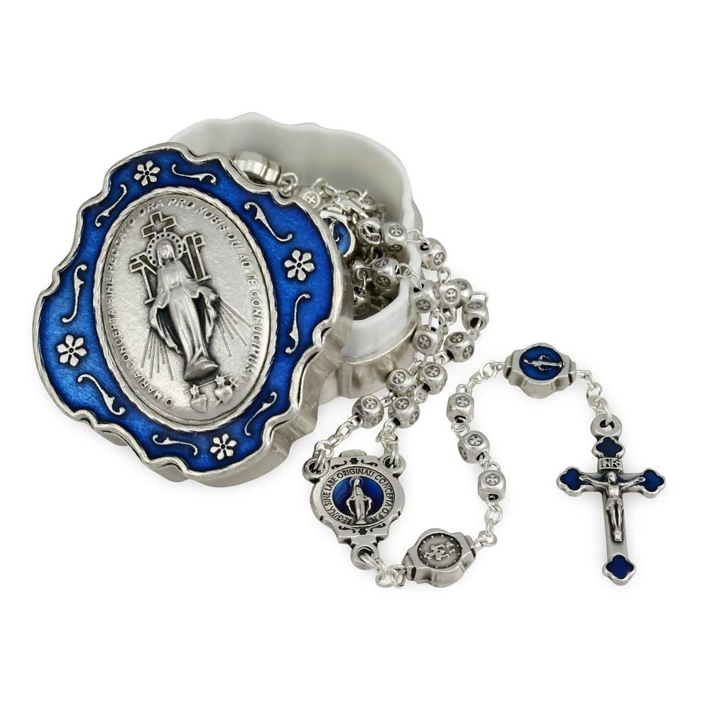 Catholic Rosary Beads with Metal Keepsake Gift Box Set (Miraculous Medal Cube Beads)
