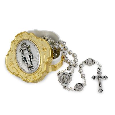 Catholic Rosary Beads with Metal Keepsake Gift Box Set (Miraculous Medal Gold Tone)