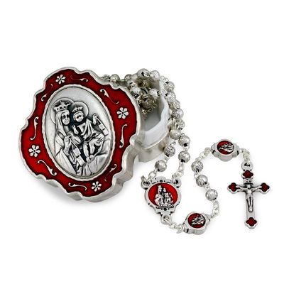 Catholic Rosary Beads with Metal Keepsake Gift Box Set (Lady of Mount Carmel Red)