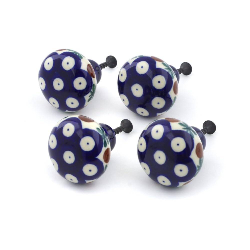 Polmedia Polish Pottery Set of 4 Drawer Pull Knobs 1-1/2 inch - Mosquito Pattern Handmade in Boleslawiec Poland by Ceramika Artystyczna + Certificate of Authenticity