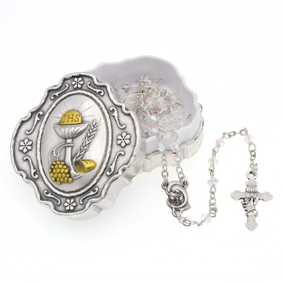 Catholic Rosary Beads with Metal Keepsake Gift Box Set (Holy Spirit Cube Beads)