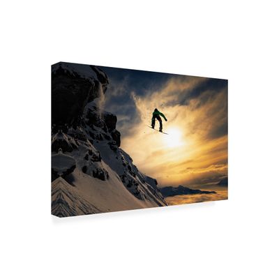 Wrapped Canvas Wall Art - Jakob Sanne 'Sunset Snowboarding' Wall Art for Living Room, Bedroom, or Office Dcor - 16x24