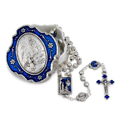 Catholic Rosary Beads with Metal Keepsake Gift Box Set (Lourdes Blue)