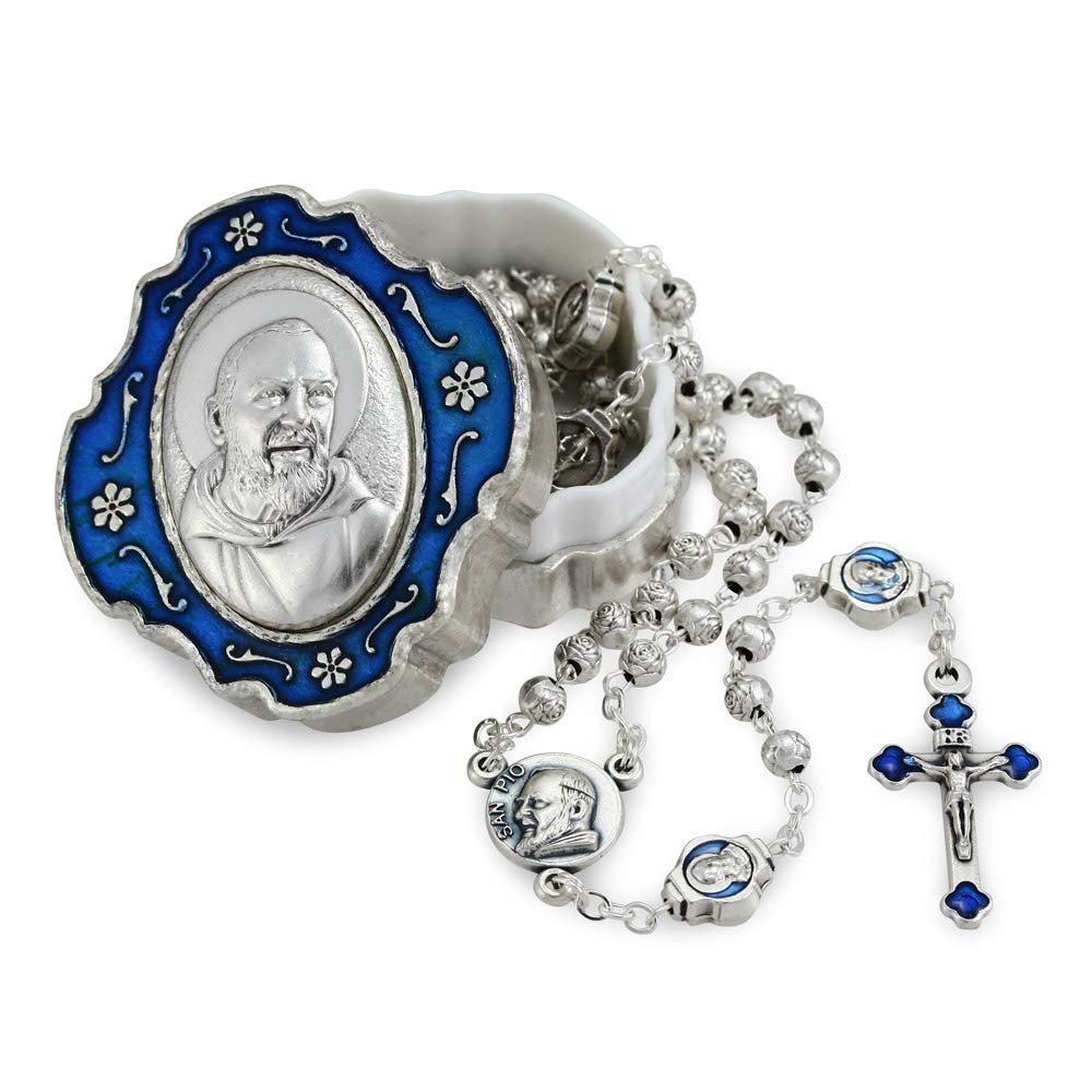 Catholic Rosary Beads with Metal Keepsake Gift Box Set (Padre Pio Blue)