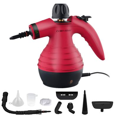 Comforday Handheld Pressurized Steam Cleaner - Multipurpose Steamer with 9-Piece Accessory Kit for Stain Removal, Upholstery, Curtains, Car Seats, Carpets, Floors, and Windows (Red)