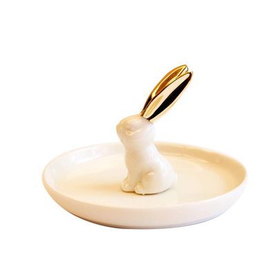 TELLW Europe and The United States Luxury Gold Ceramic Rabbit Jewelry Storage Tray Desktop Bathroom Ring Supporting Jewelry Rack