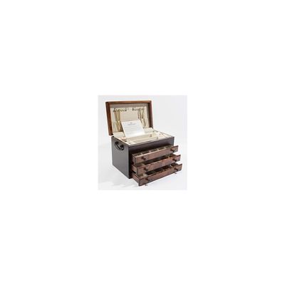 Flaming AMISH Birch, Three-Drawer Jewel Chest. Soft-Suede Linings with Double Swing-Out Chain bars; Four Bracelet Pillows in top Deck; Multiple Compartments in Drawers. AMISH Crafted & Made in USA!