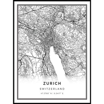 Zurich map poster print | Modern black and white wall art | Scandinavian home decor | Switzerland City prints artwork | Fine art posters 20x30