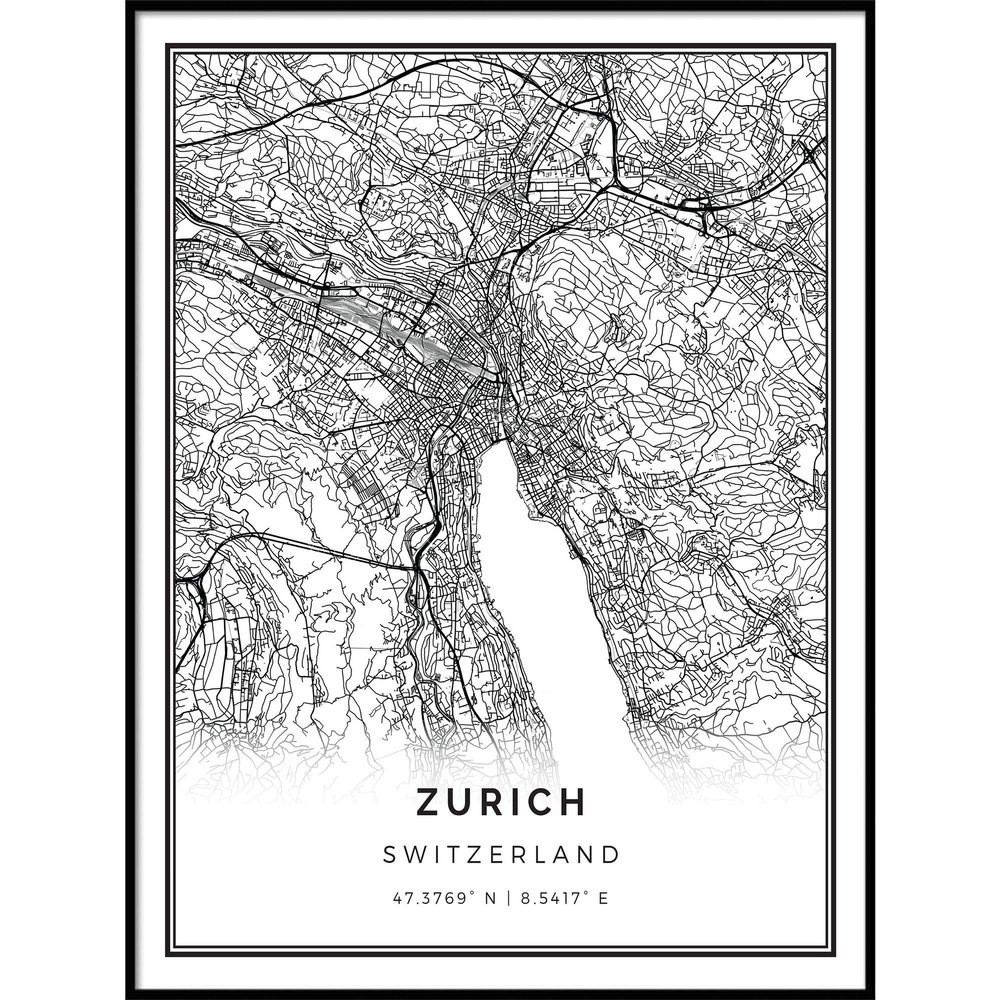Zurich map poster print | Modern black and white wall art | Scandinavian home decor | Switzerland City prints artwork | Fine art posters 20x30