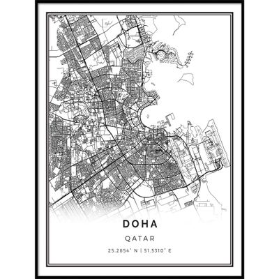 Doha map poster print | Modern black and white wall art | Scandinavian home decor | Qatar City prints artwork | Fine art posters 20x30